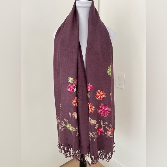 Accessories - PASHMINA Floral Embroidery Oversize Pashmina Silk Blend Travel Luxury Cozy Chic